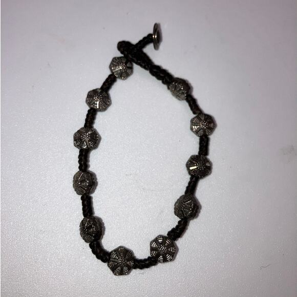 Silver Spinel Textured Beads on Brown Tied Rope 7 1/8" Bracelet! - Picture 5 of 7